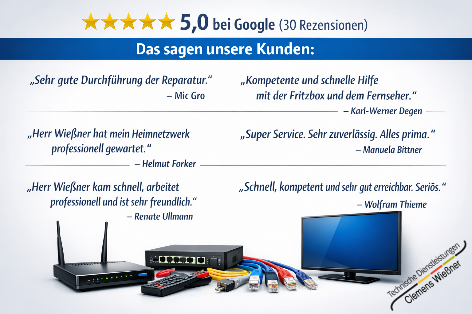 Google-Bewertungen mit 5,0 Sternen und Kundenstimmen zu Reparatur, Fritzbox, Fernseher, Heimnetzwerk und Service